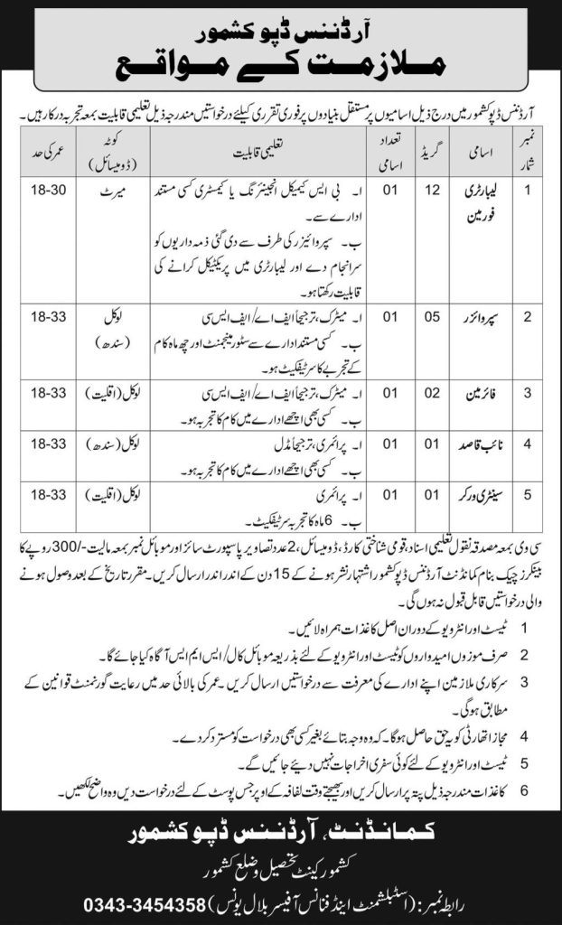 Pakistan Army Civilian Jobs 2025 for Ordnance Depo Kashmore