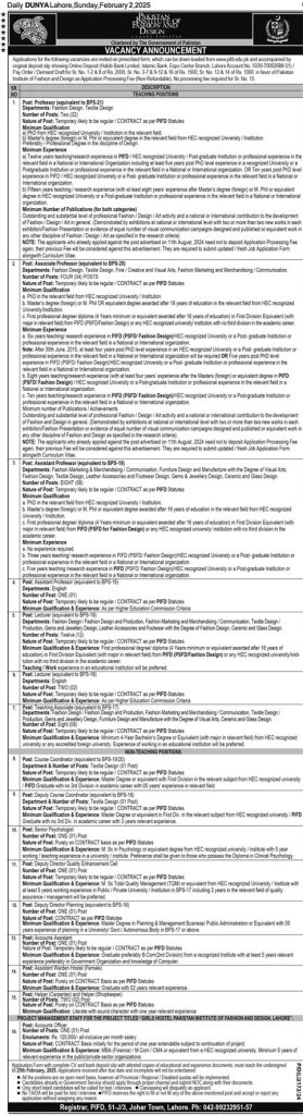 Pakistan Institute of Fashion & Design Teaching & Non Teaching Jobs 2025