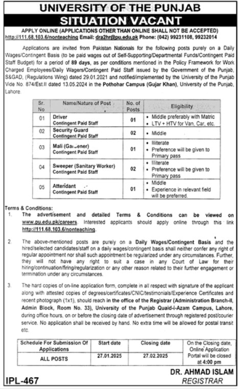 Punjab University Lahore Jobs 2025 for Class 4 Employees