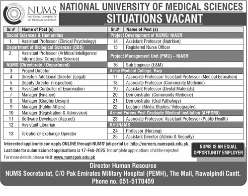 NUMS University Islamabad Jobs 2025 for Multiple Positions