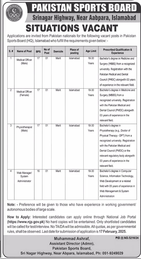 Pakistan Sports Board Islamabad Jobs 2025