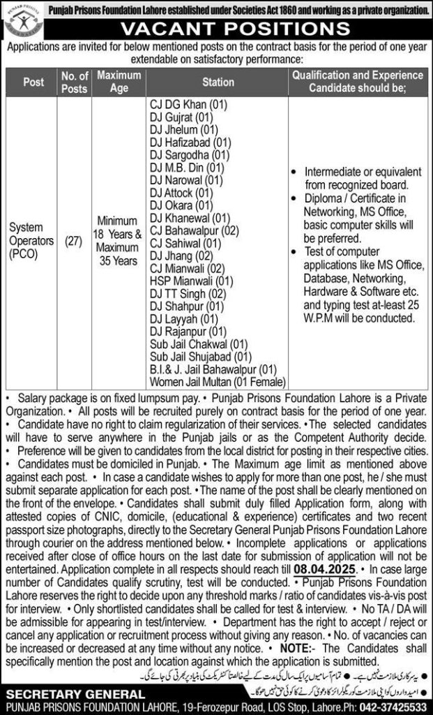 Punjab Prisons Foundation Lahore Jobs 2025 